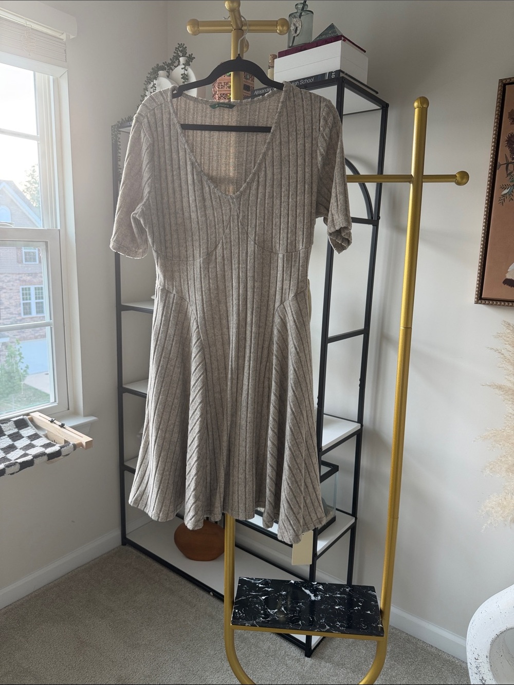 HALARA Beige Ribbed V-Neck Fit-and-Flare Mini Dress